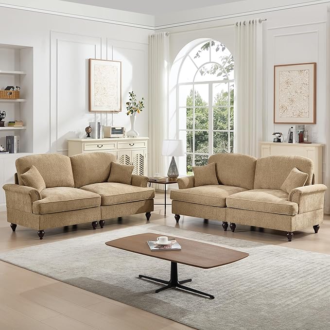 KEIKI Mid Century Modular Sofa with Flared Arms and Skirted Design, 76" Loveseat Chenille Sectional Couches Set for Living Room, Soft Apartment Size Couch, Home Sofa Bedroom Furniture, Light Coffee