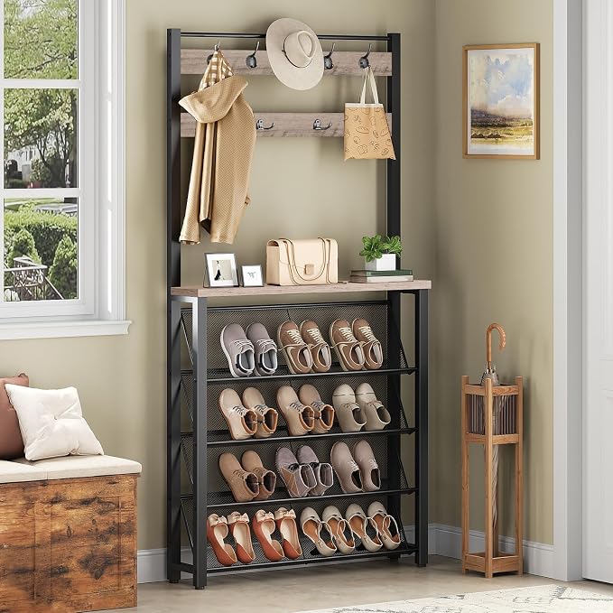 HOOBRO Hall Tree with Bench, Narrow Shoe Rack with Coat Rack, Coat Rack with Shoe Storage, 5 Tier Slanted Shoe Storage Organizer, Coat and Shoe Rack Entryway, Slim Hall Tree, Greige BG20MT01 by HOOBRO