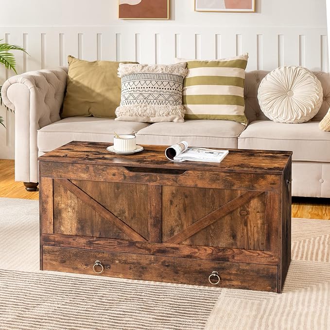HOOBRO Storage Chest, 39.3" Toy Chest with Drawer, Wooden Storage Bench, Sturdy Entryway Bench Supports 220 lb, Shoe Bench, Safety Hinge, U-Shaped Opening, Easy Assembly, Rustic Brown FG710CW01G1 - Image 4