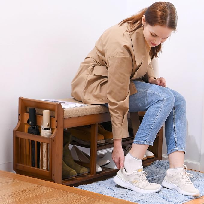 PETKABOO Shoe Bench with Hidden Drawer and Side Holder, 2 Tier Entryway Bench with Storage 39.4 in, Bamboo Shoe Rack with Cushion for Entryway Hallway Living Room Bedroom - Image 6