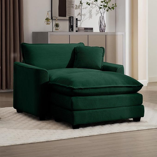 KEIKI 45" Oversized Corduroy Modular Sectional Single Sofa with 1 Ottoman, High-Density Foam Cushions, Removable Armrest, Upholstered 1-Seater Lounge Accent Chair with 1 Pillow, for Living Room, Green