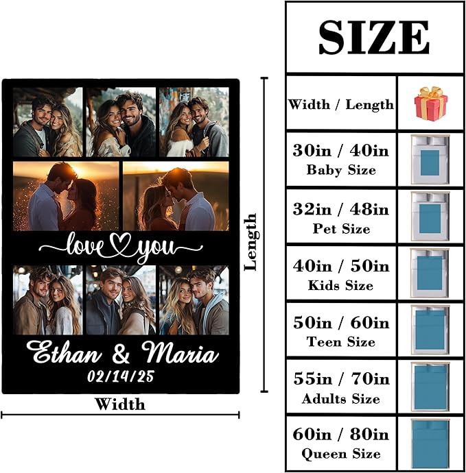 Personalized Photo Blanket with Name, Custom Valentine's Blanket with Pictures for Boyfriend Girlfriend, Customized Birthday Christmas for Husband Wife Men Women
