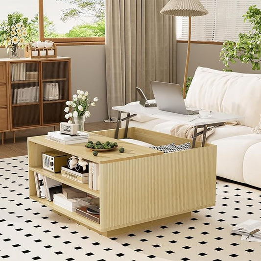 Lift Top Coffee Table with Storage, Fluted Natural Wood Square Center Table with Open Storage, Living Room Central Table w/Large Hidden Space, for Living Room, Bedroom, Home Office