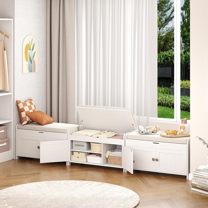 HOMEFORT 30" Shoe Bench with Lift Top Storage, Entryway Bench with Cushioned Seat, Wooden End of Bed Bench, Shoe Cabinet Bench with Hidden Storage Space, for Bedroom, Hallway,White - Image 4
