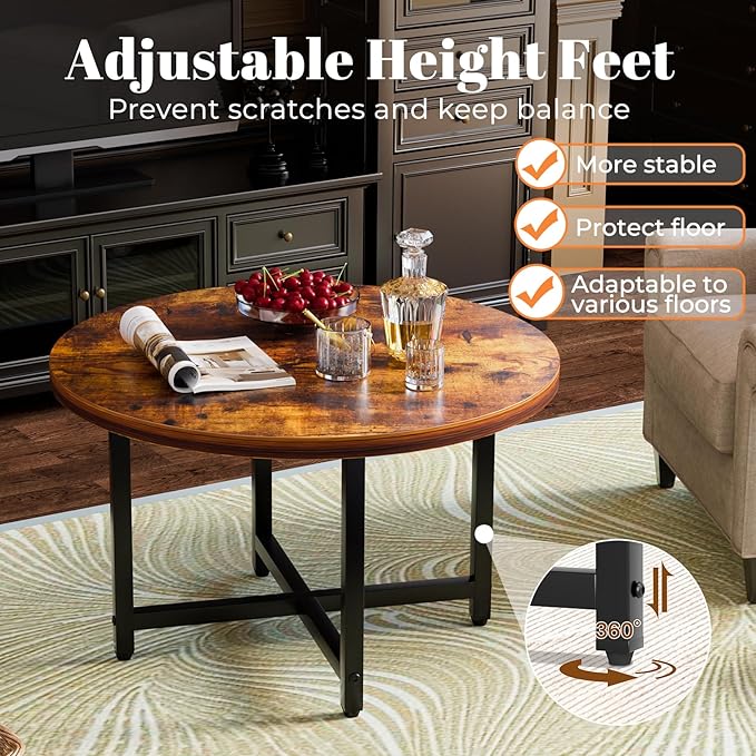 Round Coffee Table, Small Coffee Tables for Living Room, Wood Coffee Table with Metal Frame, Floor Table Desk for Sitting on The Floor, Home, Office, Farmhouse, Rustic Brown (23.6"D x 17.7"H)