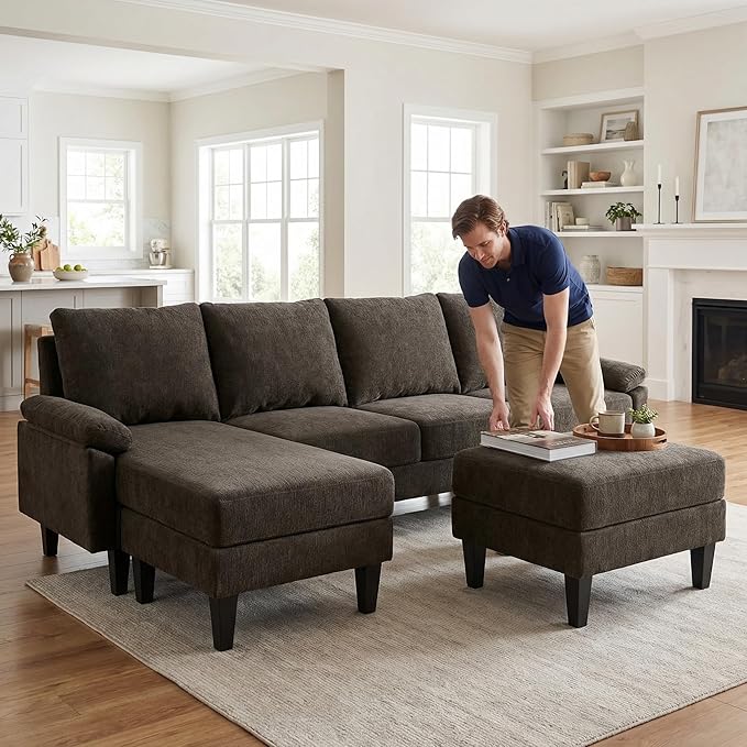 Modern L-Shaped Sectional Sofa with Storage Ottoman, Apartment Sectional Couch with Left Facing Chaise, 3-Piece Living Room Sofa Set, 115 Inch Furniture, Brown
