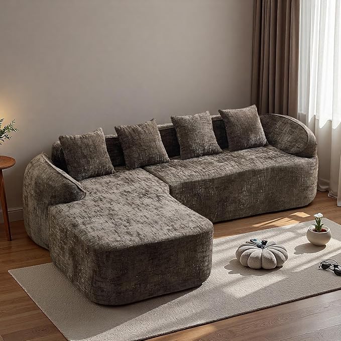 L Shaped Compression Sofa, Modular Couch with Curved Armrests & 4 Coordinating Pillows, Modern 101'' Chenille 4 Seater Sofa with Wide Seat for Living Room, Bedroom, No Assembly, Brown