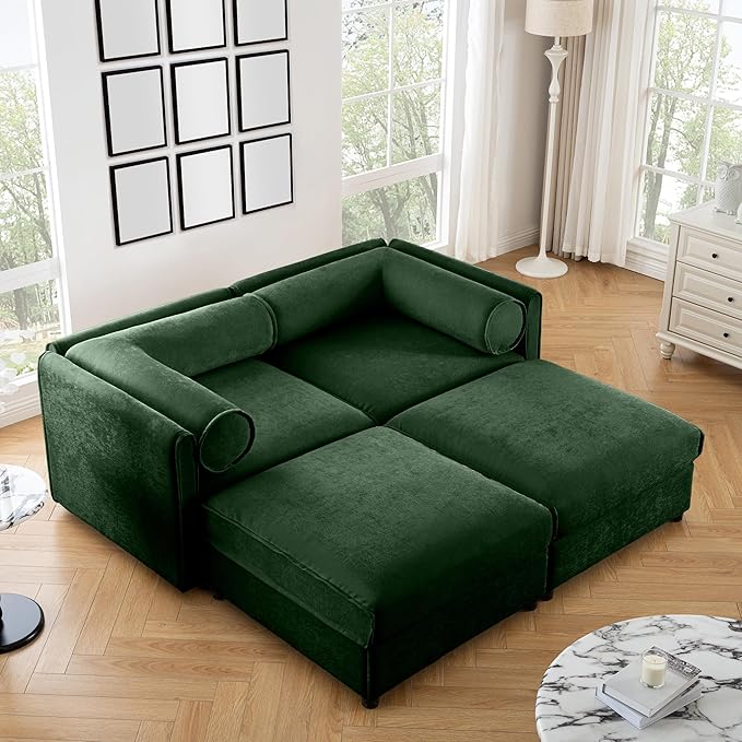 KEIKI 76" Modular Loveseat Chenille Sectional Sofa with Storage Seat and 2 Ottoman, 2-Seater Couch with Cylindrical Backrest and Armrests, Easy Assembly, for Apartment, Living Room, Green
