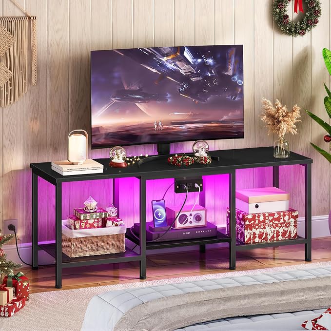 HOOBRO TV Stand with Charging Station to 55 Inches, LED Entertainment Center, Media TV Console Table with Open Storage Shelving for Living Room, Bedroom, Black BB122UDDS01 by HOOBRO