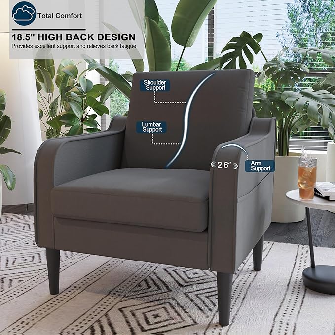Ribilake Grey Accent Chair - Upholstered Armchair with Side Pockets, Comfy Living Room Arm Chair, Reading Accent Chairs for Bedroom, Living Room, Apartment, Office