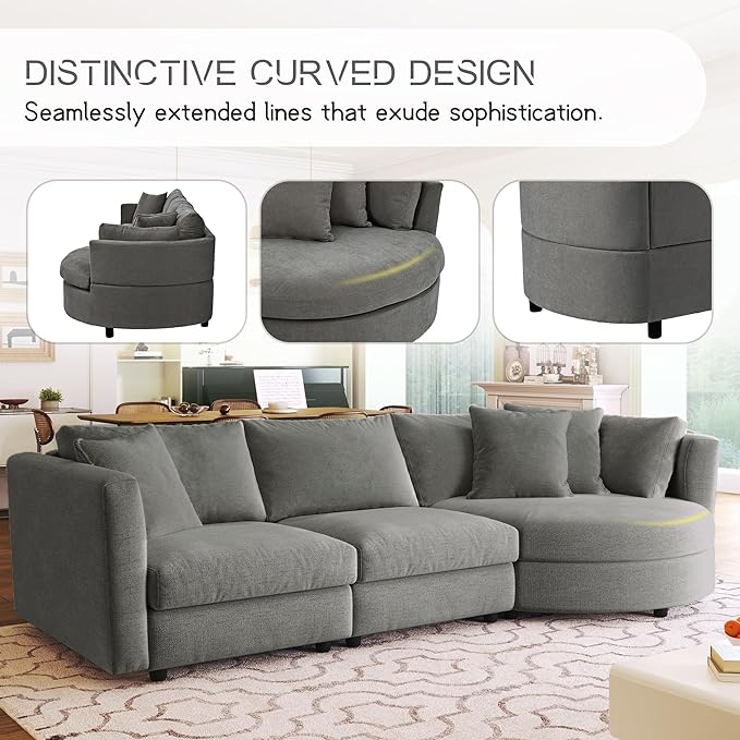 ERYE L-Shaped Right Facing Sectional Sofa Oversized Chenille Upholstered Corner Couch W/Curved Chaise Seat and 3 Toss Pillows, Modern L-Shaped Sofa Couches for Living Room