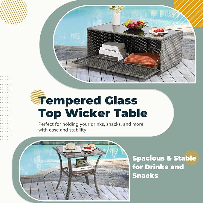 7 Pieces Outdoor Patio Furniture Set with Swivel Chairs, Wicker Patio Furniture for Porch Deck Bistro Lawn Garden Backyard Poolside-Blue