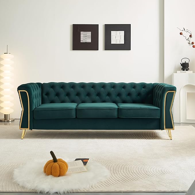 KEIKI 87" Chesterfield Velvet Button Tufted Sofa with High Density Foam Cushions, Modern Style 3-Seater Couch with Gold Strip Trim Decoration, Easy Assembly, for Apartment, Living Room, Office, Green