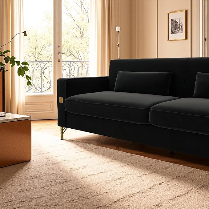 KEIKI 86" Oversized Luxury Velvet Sofa with Armrest and Removable Plush Cushions, Minimalist Gold Accents 3-Seater Couch with Solid Legs, Easy Assembly, for Living Room, Bedroom, Apartment, Black