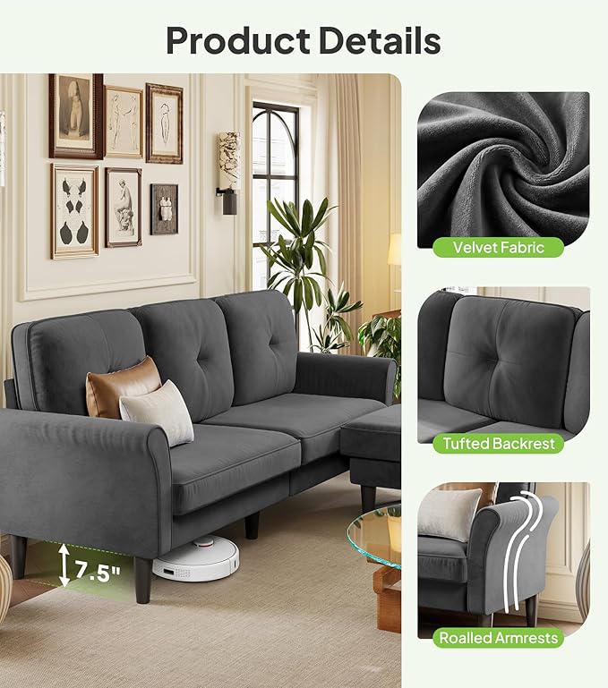 Sofas for Living Room, 83" Velvet Sectional Couch with Moveable Ottoman, Midcentury Modern Small Sectional Couch, L Shape Sofa & 2 Seater, Couches for Living Room, Apartment, Bedroom