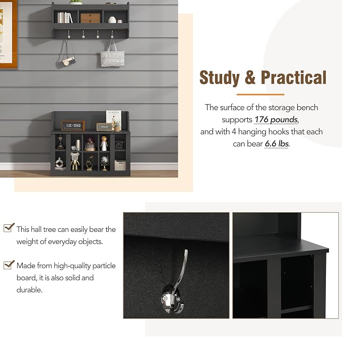 Shoe Storage Bench with Shelves and 4 Hooks, Entryway Hall Tree with Shoe Cabinets with Coat Rack - Image 3