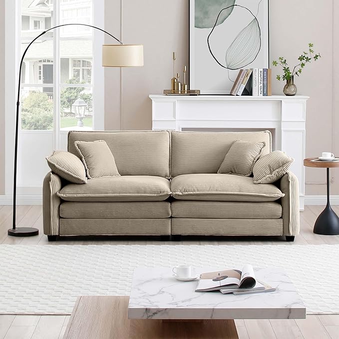 KEIKI 81" Oversized Corduroy Modular Sectional Loveseat Sofa with High-Density Foam Cushions, Removable Armrests, Upholstered Modern 2-Seater Fluffy Corner Couch with 4 Pillow, for Living Room, Tan