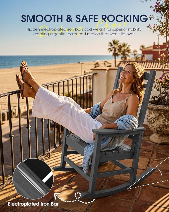 KINGYES Oversized HDPE Patio Rocking Chair Set of 2, Outdoor Rocking Chairs Porch Rocker for Adults, Grey - Image 9