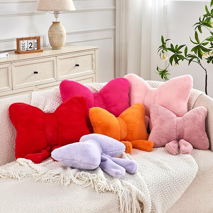 XVTRU Dusty Pink Bow Pillow, Soft Bow Decorative Pillows with Faux Rabbit Fur, Cute 12" Bow Throw Pillows, Aesthetic Home Decor Bow Shaped Plush Pillow for Bedroom Sofa Couch