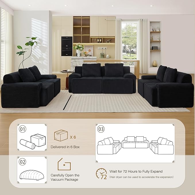 Modular Sectional Sofa, 6 Seat Modular Couch, Modular Sofa with Deep Seat and Detachable Pillow (Black, 6 Pieces-Rowshape 3 Side)