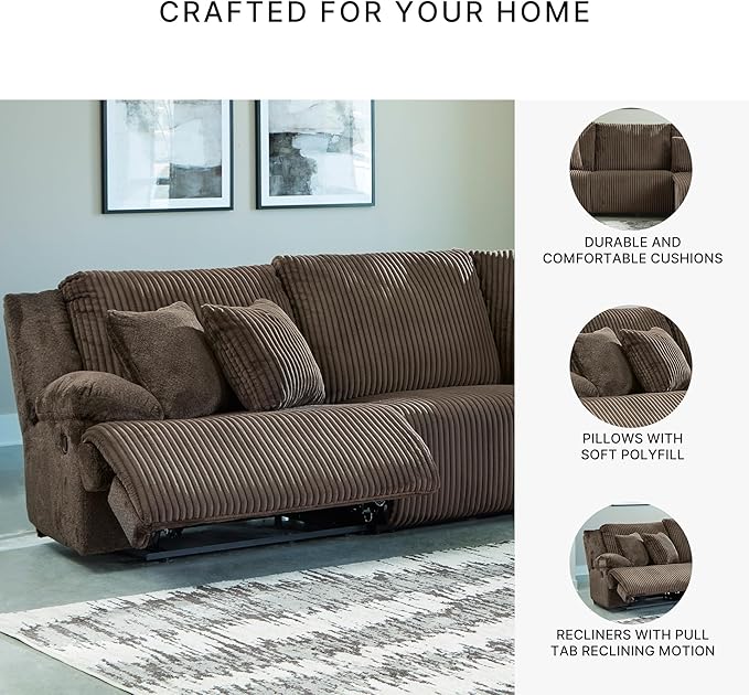 Signature Design by Ashley Top Tier Casual Manual Reclining Right-Arm Facing 3-Piece Sofa Chaise Sectional with 4 Accent Pillows, Dark Brown