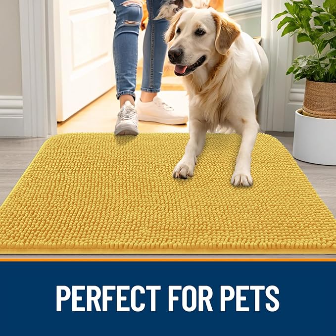 OLANLY Dog Door Mat for Muddy Paws 54x24, Absorbs Moisture and Dirt, Absorbent Non-Slip Washable Doormat, Quick Dry Chenille Mud Mat for Dogs, Entry Indoor Entryway Carpet for Inside Floor, Yellow - Image 6