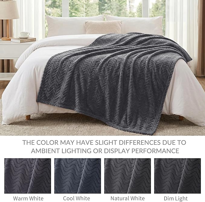 Exclusivo Mezcla Fleece Throw Blanket for Couch, Cozy Lightweight Blankets for All Season, Decorative Giftable Fuzzy Plush Wave Textured Throws for Women, Men, Dark Grey, 50x70 Inches