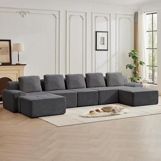 Modular Sectional Sofa with Movable Ottoman, 5 Seat Deep Seat Couch with 5 Pillows, Comfy Cloud Sectional Sofa for Living Room, Bedroom and Apartment (Grey, 1 Left+1 Right+3 Middle+2 Ottoman)