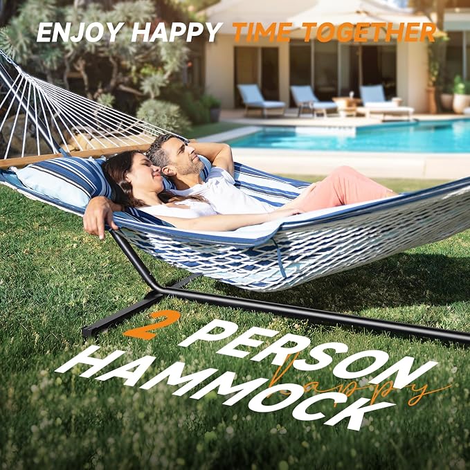 Everyfun 2 Person Outdoor Hammock with Stand, Cotton Rope Hammock with Polyester Pad, Adjustable Steel Frame, Portable with Carrying Bag – for Patio, Backyard, Garden, Beach, Blue - Image 2