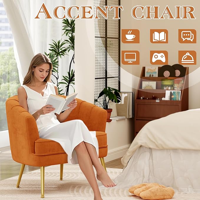 Andeworld Velvet Accent Chair, Upholstered Modern Single Sofa Side Chair,Comfy Barrel Club Living Room Armchair with Golden Metal Legs for Bedroom Living Reading Room Office,Caramel Orange