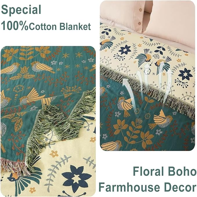 Boho Throw Blanket - 100% Cotton Soft Throw Blanket for Bed, 50"x60" Reversible Breathable Lightweight Spring Blankets, All Seasons Farmhouse Decor Floral Plant Bird Throw Quilt