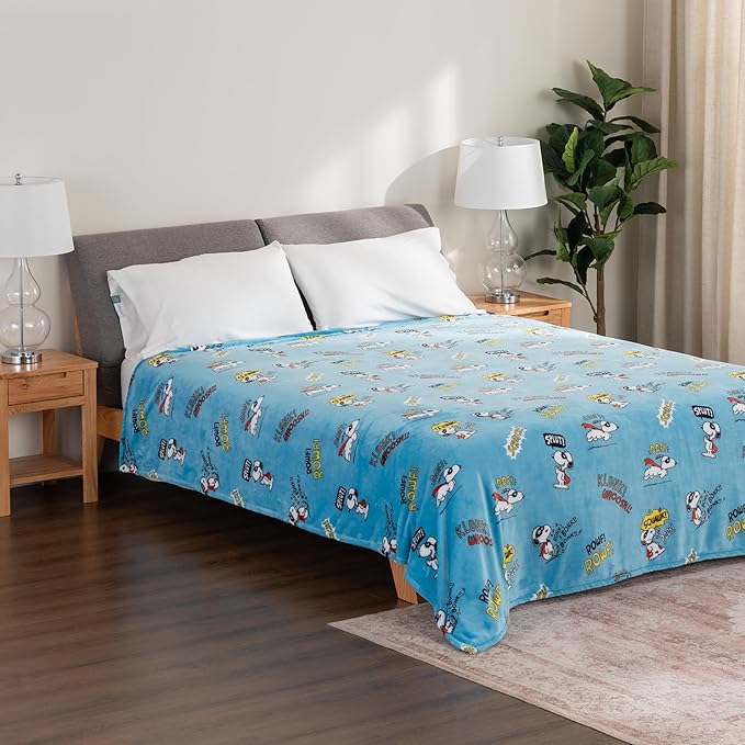 Berkshire Blanket Peanuts® VelvetLoft® Cute Character Snoopy Plush Blanket,Peanuts Large Masked Marvel Toss Happy Blue,King 90 in x 108 in (Official Peanuts® Product)