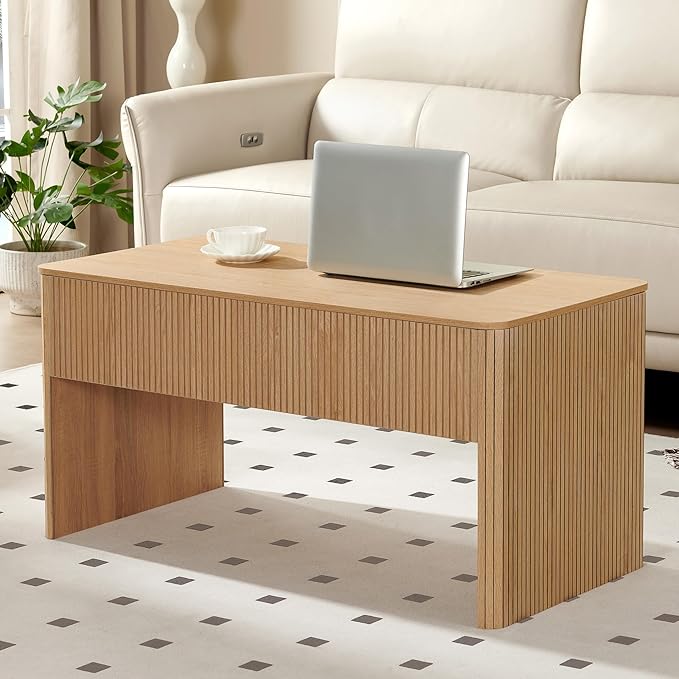 ORRD Fluted Lift Top Coffee Table, Farmhouse Coffee Table with Hidden Compartment, Rising Top Center Table with Storage, Mid Century Rectangular Center Tables for Living Room (Natural)