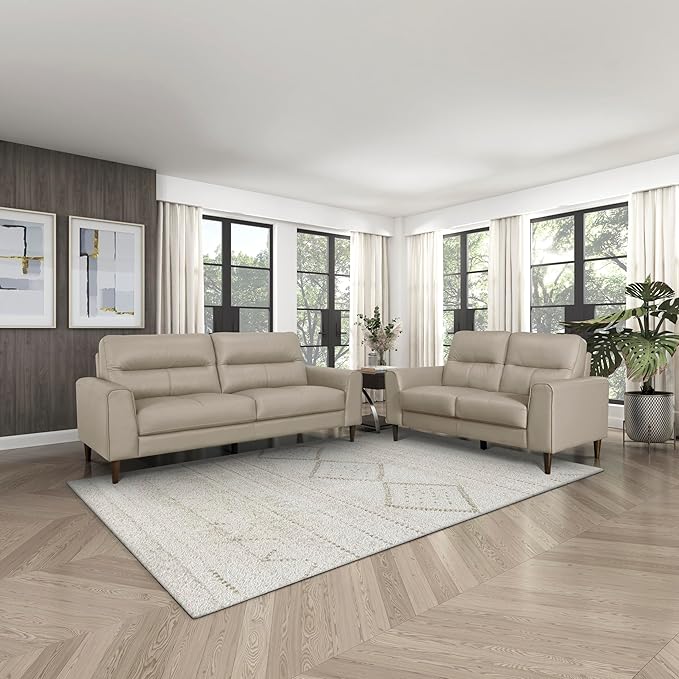 Lexicon 2 Piece Living Room Furniture Sets, Top Grain Leather Leather Match Living Room Sofa Set, Track Arm, Solid Wood Legs, Comfy Couches Including Loveseat & Sofa, 2 Pieces, Latte