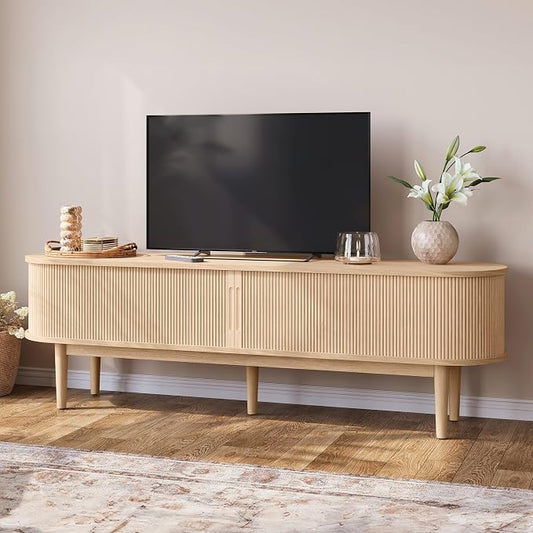 LINSY HOME 70" Fluted TV Stand for TVs up to 80 Inch, Mid Century Modern Entertainment Center with Storage Cabinet and Sliding Doors, Farmhouse Wood Media TV Console for Living Room, Bedroom, Oak by LINSYHOME