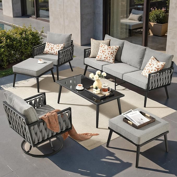 Outdoor Patio Furniture Set, 6-Piece Metal Conversation Furniture Sofa with Coffee Table, All Weather Patio Couch Sofa with Thick Cushions for Balcony Backyard,Dark Grey