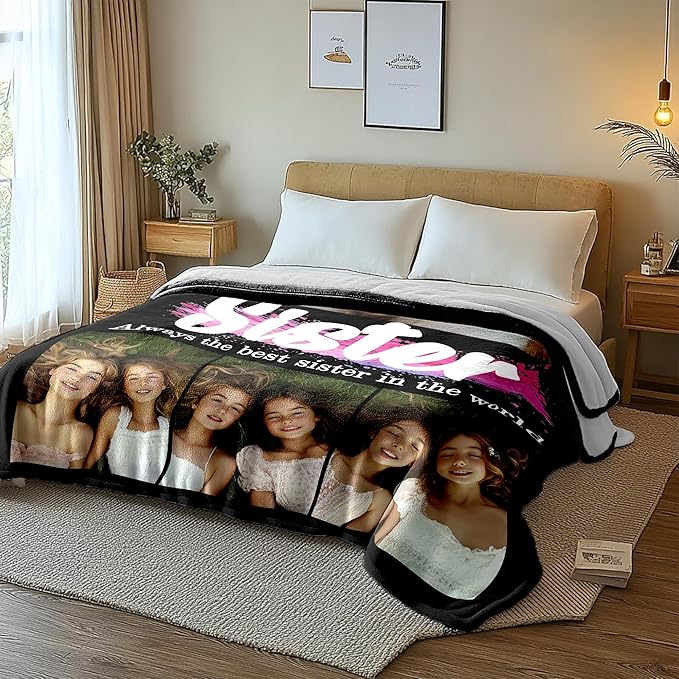 Personalized Best Sister Ever Gifts, Custom Blanket with Pictures Text, Birthday Gifts for Sister, Personalized Blanket with Photo for Women Best Friend, Besties, Friendship, BFF