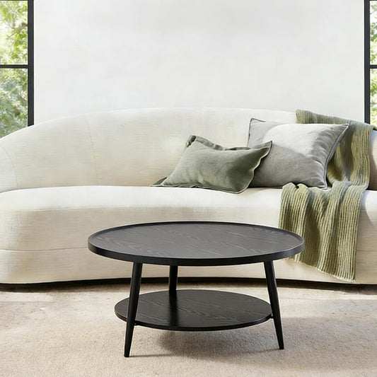 Saint Mossi Black Wood Coffee Table for Living Room, Mid Century Modern Round Coffee Table, 2-Tier Center Table for Small Space, Black, W31xH15