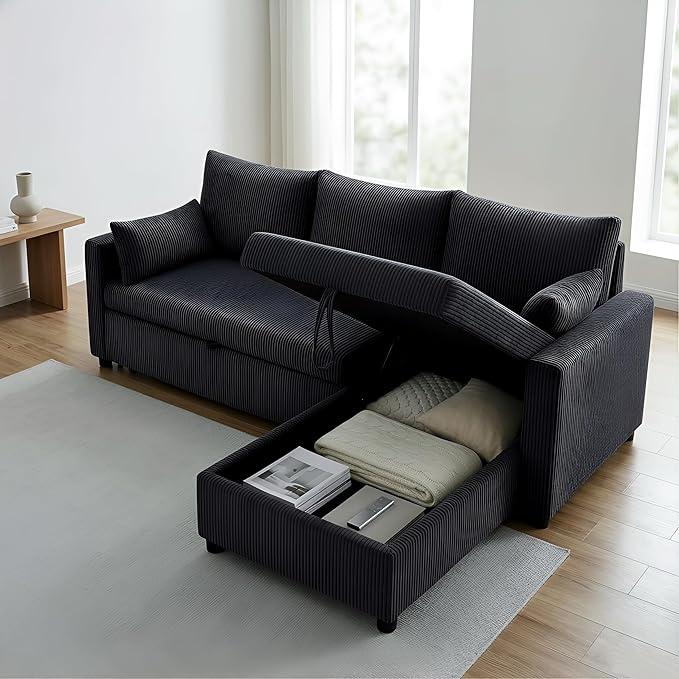 Queen Sleeper Sofa, Convertible Sofa Bed with Storage, 85 Inch Sectional Couch with Pull Out Bed, L Shaped 3 Seat Sectional Sleeper Sofa for Living Room, Apartment, Black