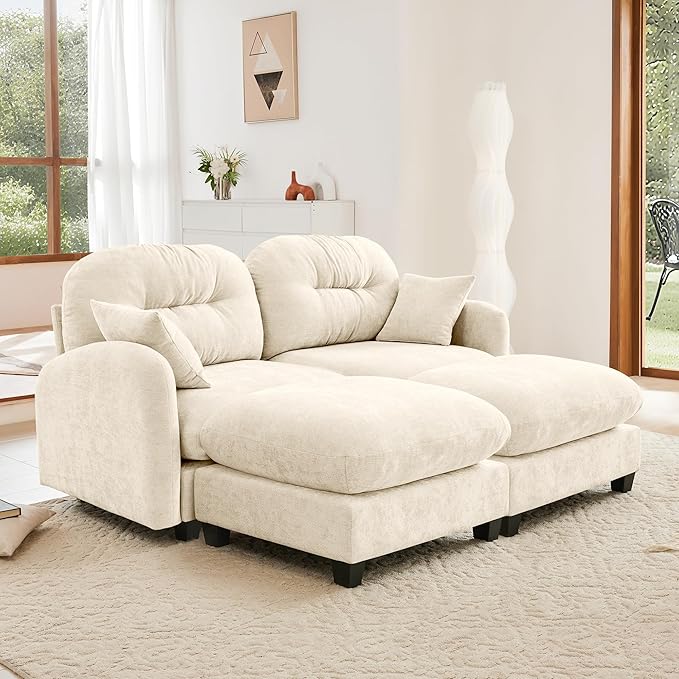 KEIKI 74" Oversized Chenille Modular Sectional Loveseat Sofa with 2 Ottoman, High-Density Foam Cushions, Tufted Pleated Cushion Backrest, Modern 2-Seater Couch with 2 Pillow, for Living Room, Beige