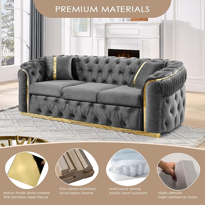 KEIKI 2-Piece Luxury Chesterfield Sofa Set with 2 Oversized Velvet 3-Seater Sofa, Upholstered Modern 6-Seater Button Tufted Couch Set with 4 Pillow, Gold Stainless Decoration, for Living Room, Gray