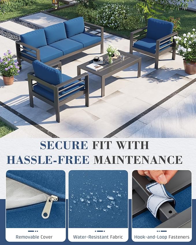AECOJOY Aluminum Patio Furniture Set, 5 Seats Modern Outdoor Furniture with Coffee Table, 4 Pieces Metal Conversation Sectional Sofa, Blue
