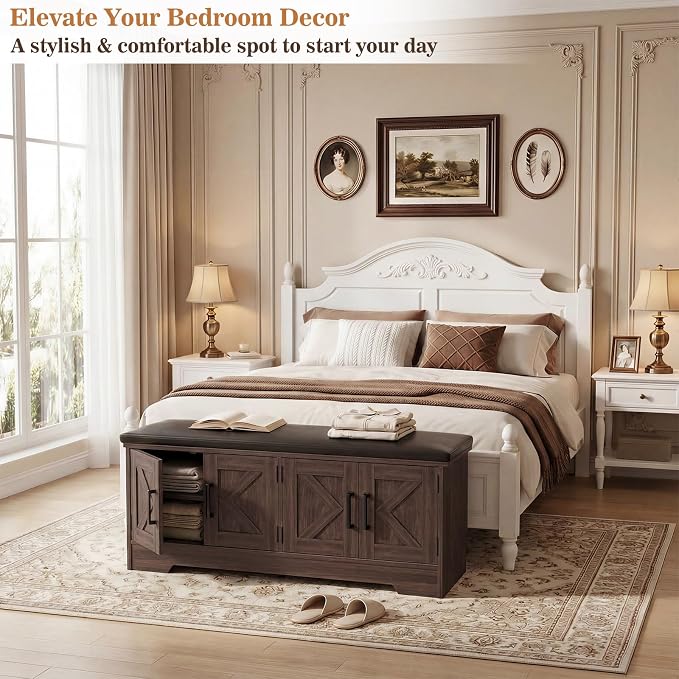 Farmhouse Shoe Storage Bench with Cushion - 43.3" Entryway Bench with Storage & 4 Barn Doors, 2-Tier Wooden Shoe Rack Bench, Shoe Cabinet & Mudroom Bench for Bedroom Hallway Living Room, Black Walnut - Image 7
