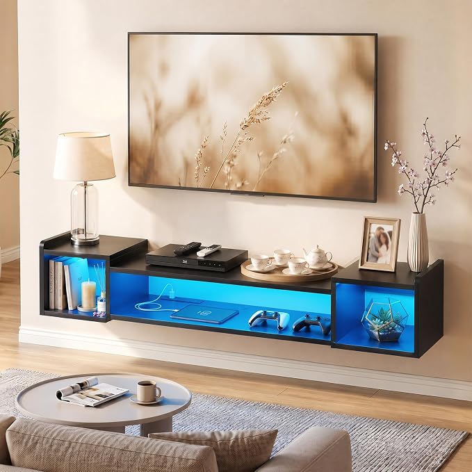 55.1"W Floating TV Stand with LED Lights & Power Outlets for 50 55 60 65 Inch TV Wall Mounted Entertainment Center with Storage for Living Room Wood Media Console Shelf Black TV Shelf Wood for Bedroom - Image 9