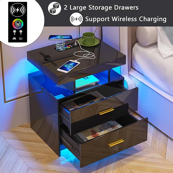 HNEBC Auto LED Nightstand with Wireless Charging Station & USB Ports,High Gloss Bedside Tables with 2 Drawers,Floating Nightstand with 3 Color & Adjustable Brightness for Bedroom,Black - Image 3