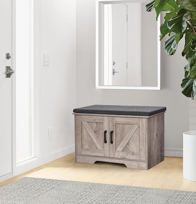 HOMSHO 2-Tier Storage Bench, 27.6" Wide Shoe Bench with Padded Seat Cushion, Entryway Bench with 2 Barn Doors and Adjustable Shelf, Greige - Image 2