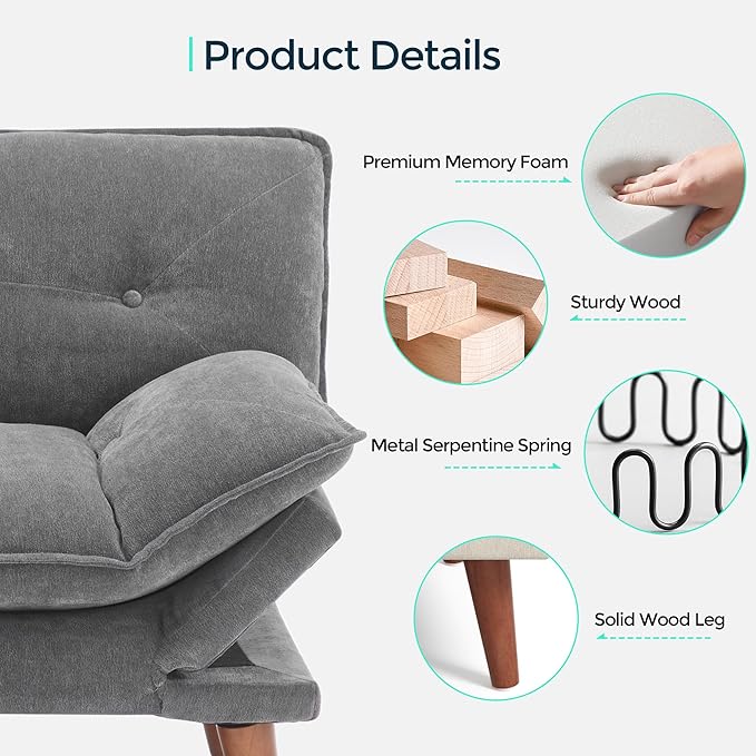 LINSY HOME Futon Sofa Bed, 70" Chenille Futon Couch with Adjustable Backrest Armrest, 3 in 1 Convertible Comfy Loveseat Sleeper Sofa Bed for Small Spaces Dorm Room Apartment Home Office, Dark Grey
