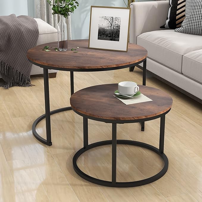 HOJINLINERO Round Coffee Table,Nesting Coffee Table Set of 2,Center Tables for Living Room,Office, Home Small Space,Stacking Side Tables,Sturdy and Easy Assembly,Wood Desktop,Brown,Large