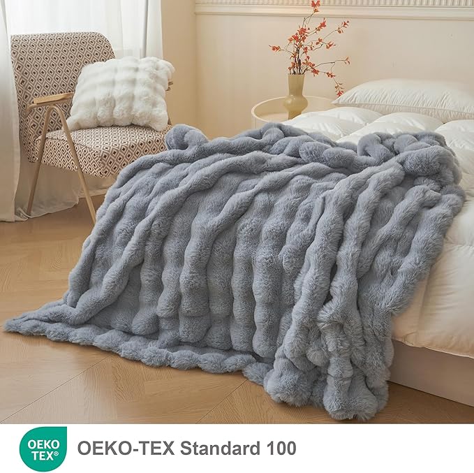 LIFEREVO Luxury Fluffy Faux Rabbit Fur Throw, Plush Fuzzy Bubble Blanket for Couch Sofa, Soft Cute Furry Bed Blanket Home Decoration, Shaggy Throw for Bedroom Living Room Office, 50x60, Light Grey