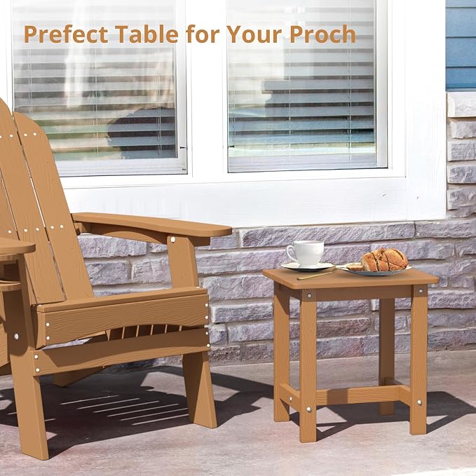 LUE BONA Outdoor Side Table Set of 2, HDPS Small Outdoor Adirondack Side Tables, Outside End Table for Patio, Porch, Deck, Pool, Weather Resistant/Easy Maintenance, Teak Color - Image 4